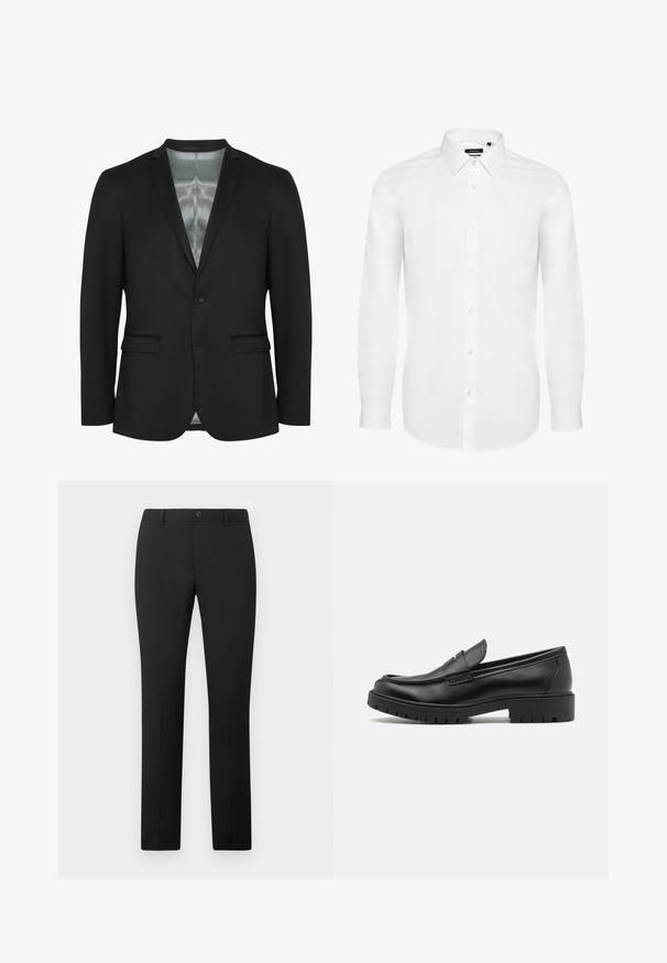 Zwarte blazer met een slim fit, sluiting met één knop, twee voorzakken en satijnen voering. Glad, gestructureerd stof met een klassiek ontwerp.; Witte overhemd met lange mouwen van geweven stof, voorzien van een button-down kraag, een voorplacket met knopen en mouwen met manchetten. Minimale uitstraling.; Zwarte, op maat gemaakte broek met een rechte pijp, voorzien van een knoopsluiting en riemlussen. Gemaakt van gladde stof zonder zichtbare patronen.; Zwarte leren instappers met een ronde neus, slip-on ontwerp en dikke rubberen zool met een gestructureerde grip. Verhoogde hak en subtiele stikdetails.