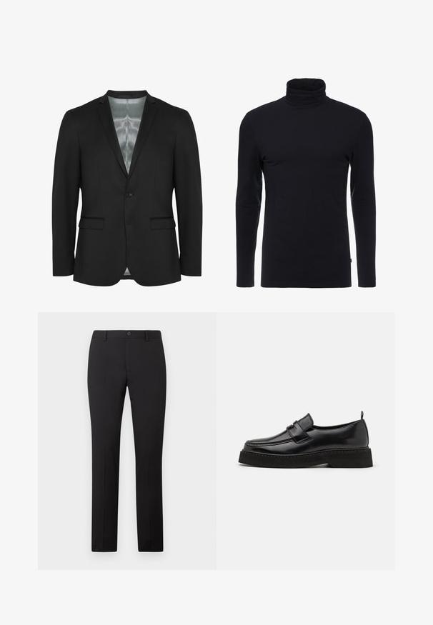 Zwarte blazer met een slim fit, sluiting met één knop, twee voorzakken en satijnen voering. Glad, gestructureerd stof met een klassiek ontwerp.; Zwarte lange mouw turtleneck shirt gemaakt van zachte, rekbare stof. Heeft een aansluitend ontwerp en een gladde textuur. Geen zichtbare patronen of accenten.; Zwarte, op maat gemaakte broek met een rechte pijp, voorzien van een knoopsluiting en riemlussen. Gemaakt van gladde stof zonder zichtbare patronen.; Zwarte leren instapschoenen in loafer-stijl, met een vlakke, gestructureerde zool, voorzien van een gestikte neus en een band over de wreef.