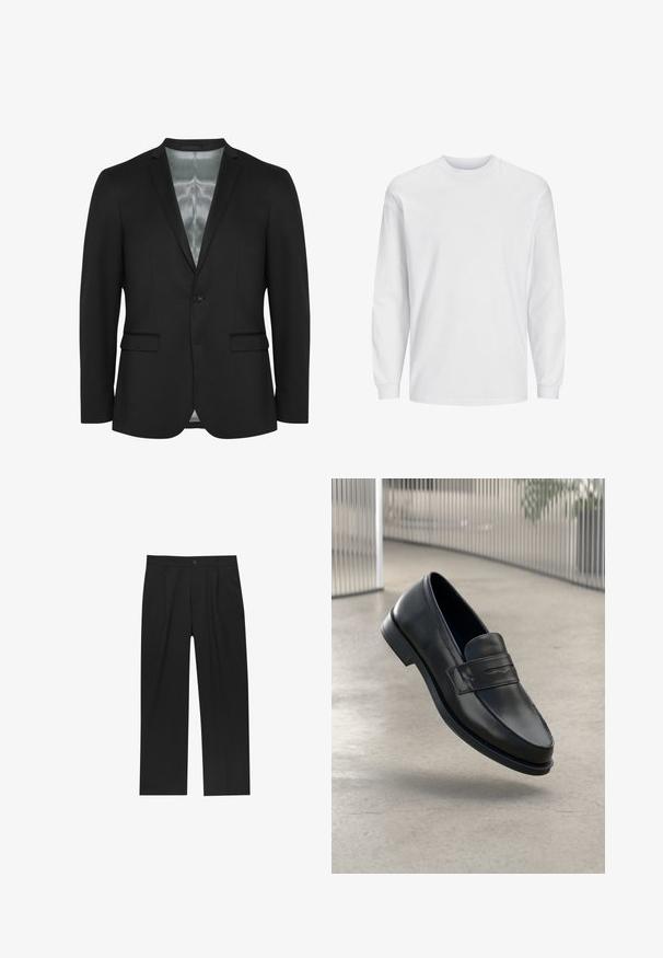 Musta bleiseri slim fit -mallilla, yhdessä napilla suljettu, kahdella etutaskulla ja satiinivuorella. Sujuva, teksturoitu kangas klassisella suunnittelulla.; Valkea pitkähiha-puuvillapaita. Siinä on pyöreä pääntie ja yksinkertainen, kuvioimaton muotoilu. Pehmeä, sileä pinta.; Mustat housut suoranlahkeisella muotoilulla, valmistettu sileästä kankaasta. Ominaisuuksiin kuuluu etupleateet ja yksi nappikiinnitys vyötäröllä.; Mustat nahkaiset loaferit, joissa on sileä pinta, kärjekäs kärki ja koristeellinen remmi jalkapöydän yli. Kevyt pohja, minimalistinen muotoilu.