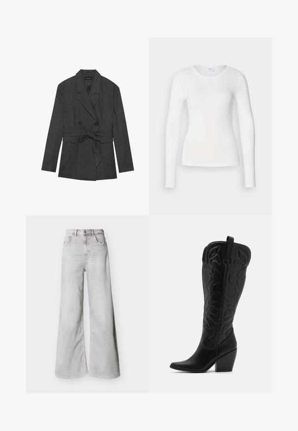Blazer à carreaux noir et gris avec un design croisé, ceinture à la taille, revers crantés et deux poches avant. Fini en tissu texturé.; Chemise blanche à manches longues en tissu doux et lisse ; présente un col rond et une coupe ajustée, sans motifs ni embellissements.; Jeans larges gris clair en jean, avec une taille haute, des poches avant et une fermeture à boutons. Texture lisse avec un léger aspect délavé.; Bottes hautes en cuir noir jusqu'aux genoux avec bout pointu et talon empilé. Caractéristiques de coutures décoratives et éléments de design courbés.