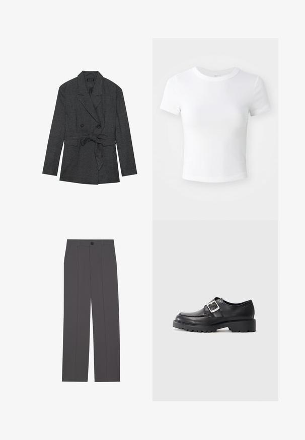 Blazer à carreaux noir et gris avec un design croisé, ceinture à la taille, revers crantés et deux poches avant. Fini en tissu texturé.; T-shirt courte à manches courtes, blanche, avec un col rond, présentée sur un fond neutre et lumineux.; Pantalons gris avec une coupe droite, comprenant deux poches latérales et une fermeture à bouton. Tissu lisse sans motifs ni accents visibles.; Chaussures en cuir noir avec un bout arrondi, présentant un détail de boucle sur le côté et une semelle épaisse et robuste. Texture lisse avec peu de coutures.