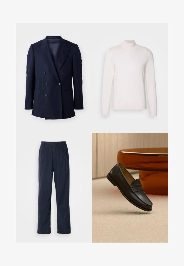 Marineblå dobbeltradet blazer med struktureret stof, spidse slag, to store frontlommer og seks sorte knapper.; Lyserød rullekravesweater med lange ærmer, blød tekstur, ribbet krave og manchetter, der har et klassisk, tætsiddende design.; Mørkeblå bukser lavet af en bomuldsblanding. Har et lige ben design, en frontknaplukning og diskrete plisser. Glat tekstur.; Sort læder loafer-sko hængende over beige tæppe med ravfarvet moderne møblement i baggrunden.