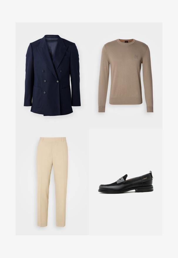 Marineblauwe dubbelgebreide blazer, met een textuurstof, gestructureerde revers, twee grote voorzakken en zes zwarte knopen.; Beige crewneck trui voor heren met lange mouwen, geribbelde manchetten en zoom, voorzien van een klein vierkant logopatched op de borst.; Beige op maat gemaakte broek met een recht gesneden ontwerp, gemaakt van lichtgewicht stof, met twee voorzakken en nette, geplooide vouwen.; Zwarte leren loafer met grijs riemdetailelement, lage hak en gestructureerde zool, aan de zijkant gebrandmerkt met "HUGO" in goud.