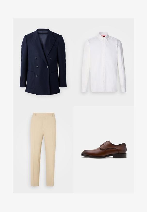 Blazer azul marino de doble botonadura, con tejido texturizado, solapas en pico, dos grandes bolsillos frontales y seis botones negros.; Camisa blanca de manga larga hecha de algodón, con un collar clásico, placket frontal con botones y una textura suave. Detalle interior del collar en rojo.; Pantalones de color beige ajustados con un diseño de pierna recta, elaborados en una tela ligera, que presentan dos bolsillos frontales y pliegues bien planchados.; Zapato de vestir de cuero marrón con un diseño elegante, punta redonda, cierre de cordones de cinco ojetes y un tacón bajo apilado. Presenta costuras sutiles.