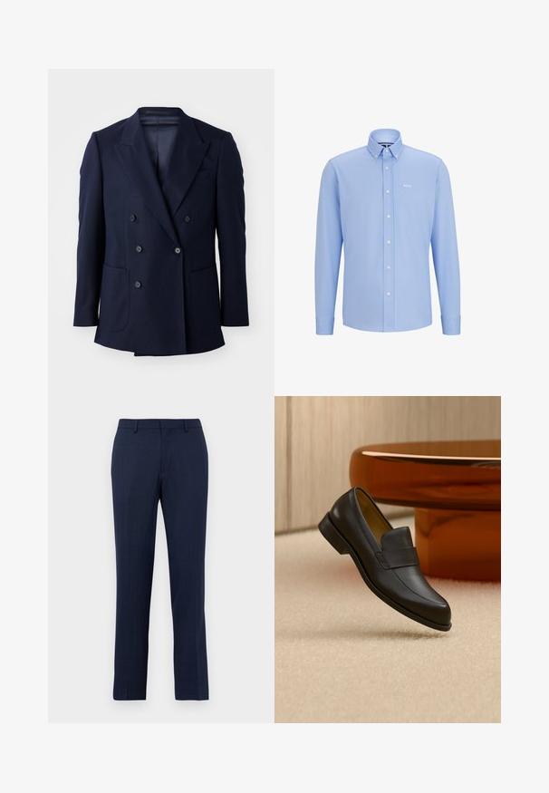 Blazer azul marino de doble botonadura, con tejido texturizado, solapas en pico, dos grandes bolsillos frontales y seis botones negros.; Camisa de manga larga azul claro con cuello abotonado, cierre frontal de botones y pequeño logo blanco en el lado izquierdo del pecho. Textura de tela suave.; Pantalones de corte entallado en azul marino con pasadores para cinturón, cierre frontal con cremallera y ajuste recto sobre un fondo blanco liso.; Zapato mocasín de cuero negro con tacón bajo flotando sobre suelo alfombrado beige cerca de una mesa redonda marrón.