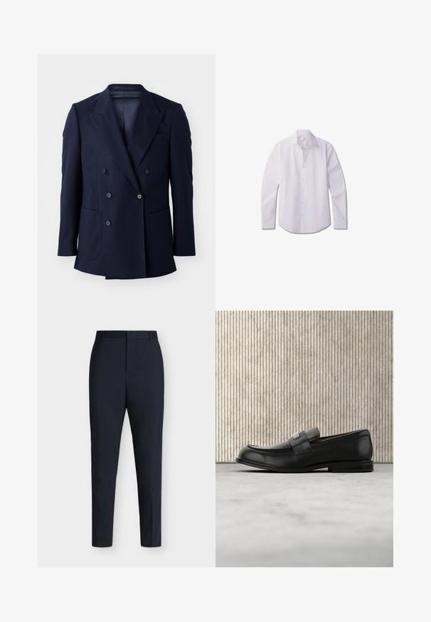 Marineblaues Doppelreiher-Blazer aus strukturiertem Stoff, mit angeschnittenen Revers, zwei großen Fronttaschen und sechs schwarzen Knöpfen.; Weißes langärmliges Hemd aus glattem Stoff, mit klassischem Kragen, vordere Knopfleiste und abgerundetem Saum.; Marineblaue, schlank geschnittene formelle Hose mit Gürtelschlaufen und verdecktem Frontverschluss, flach auf einem einfarbigen hellen Hintergrund liegend dargestellt.; Schwarzer Lederloafer mit einer Metallmarkenplatte, der nahe einem braunen runden Tisch auf beigem Teppichboden ruht.