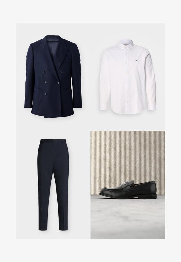 Marineblå dobbeltradet blazer med struktureret stof, spidse slag, to store frontlommer og seks sorte knapper.; Hvid skjorte med knappelukning lavet af bomuld, med klassisk krave, lange ærmer og et lille CK-logo på venstre bryst. Glat tekstur.; Mørkeblå formelle bukser med slim pasform, bæltestropper og skjult frontlukning, vist fladt på en ensartet lys baggrund.; Sort læderloafer med metalbrandskilt hvilende nær et brunt rundt bord på beige tæppe.