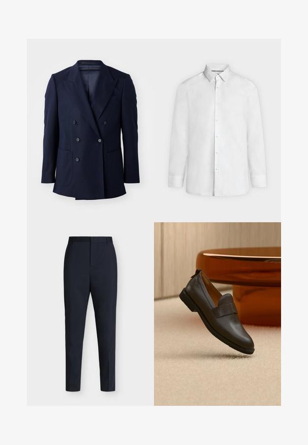 Blazer azul marino de doble botonadura, con tejido texturizado, solapas en pico, dos grandes bolsillos frontales y seis botones negros.; Camisa blanca de vestir de manga larga con cuello abierto y puños abotonados, mostrada de frente sobre un fondo liso gris claro.; Pantalones formales azul marino de corte slim con trabillas para cinturón y cierre frontal oculto, mostrados extendidos sobre un fondo claro y liso.; Mocasín de cuero marrón oscuro con un tacón bajo flotando sobre una alfombra beige, junto a una mesa brillante, redondeada y de color ámbar.