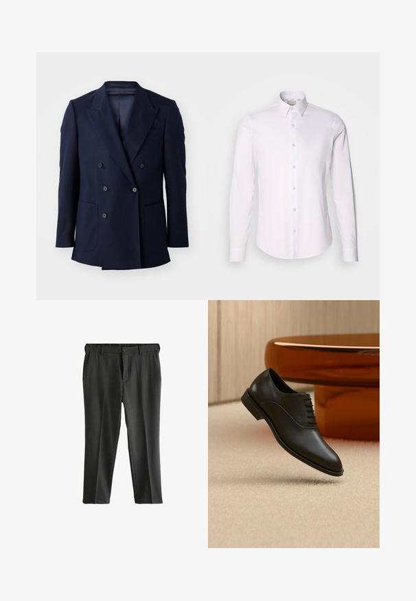 Marineblauwe dubbelgebreide blazer, met een textuurstof, gestructureerde revers, twee grote voorzakken en zes zwarte knopen.; Witte langemouwen shirt van gladde stof met een button-down kraag, voorzien van een volledige knoopsluiting en een afgeronde zoom.; Grijze op maat gemaakte broek met een flat front, twee zijzakken en een knoopsluiting. Gladde stof met een subtiele textuur en persplooien.; Zwarte gepolijste leren veterschoen zweeft boven een beige tapijt, met een grote ronde glazen tafel in amberkleur op de achtergrond.