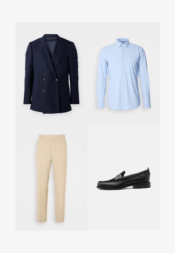 Marineblauwe dubbelgebreide blazer, met een textuurstof, gestructureerde revers, twee grote voorzakken en zes zwarte knopen.; Lichtblauwe lange mouwen shirt gemaakt van een katoenmix, met een knoopsluiting aan de voorkant, enkele manchetten en een klassiek kraagontwerp.; Beige op maat gemaakte broek met een recht gesneden ontwerp, gemaakt van lichtgewicht stof, met twee voorzakken en nette, geplooide vouwen.; Zwarte leren loafer met grijs riemdetailelement, lage hak en gestructureerde zool, aan de zijkant gebrandmerkt met "HUGO" in goud.