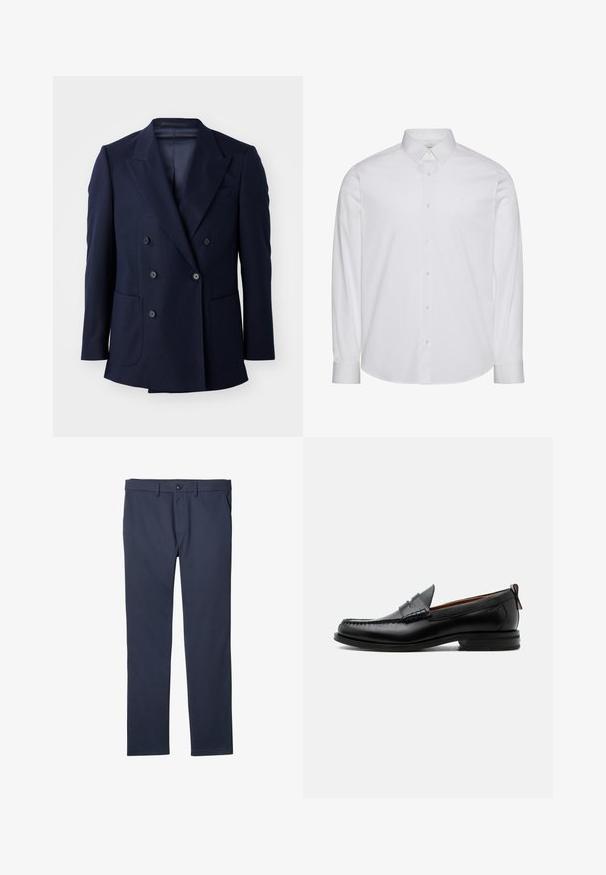Blazer azul marino de doble botonadura, con tejido texturizado, solapas en pico, dos grandes bolsillos frontales y seis botones negros.; Camisa blanca de manga larga con botones, hecha de algodón. Presenta un cuello estándar, tapeta frontal con botones y dobladillo redondeado. Logo de la marca discreto.; Pantalones azul marino de pierna recta con cierre de botón y cremallera, trabillas y bolsillos laterales.; Mocasín de hombre de piel negra con costura moc toe, tira penny, cuello texturizado y tacón bajo apilado sobre fondo blanco.