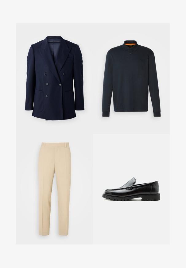 Marineblaues Doppelreiher-Blazer aus strukturiertem Stoff, mit angeschnittenen Revers, zwei großen Fronttaschen und sechs schwarzen Knöpfen.; Langärmliges Polohemd aus dunkelblauem Baumwollstoff, mit einem Drei-Knopf-Verschluss, gerippten Bündchen und einem kleinen geprägten Logo auf der Brust.; Beige maßgeschneiderte Hosen mit geradem Bein, aus leichtem Stoff, mit zwei vorderen Taschen und ordentlich gebügelten Falten.; Schwarzer Lederloafer mit grober Gummisohle, genähter Oberseite und geprägtem Markennamen an der Ferse, seitlich auf weißem Hintergrund gezeigt.