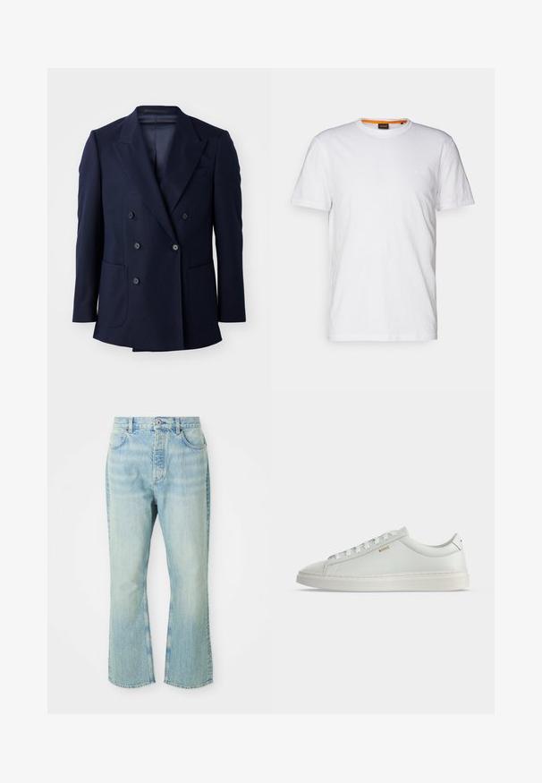 Blazer azul marino de doble botonadura, con tejido texturizado, solapas en pico, dos grandes bolsillos frontales y seis botones negros.; Camiseta de algodón blanca con cuello redondo, mangas cortas y un sutil logo en relieve en el pecho. La etiqueta interior tiene un acento naranja.; Jeans de mezclilla de color azul claro, acampanados y de cintura alta, con cinco bolsillos, trabillas para el cinturón y un acabado desgastado.; Zapatilla blanca de cuero de corte bajo con cordones, suela plana y pequeño logo dorado "BOSS" en el lateral, vista desde el lado exterior.
