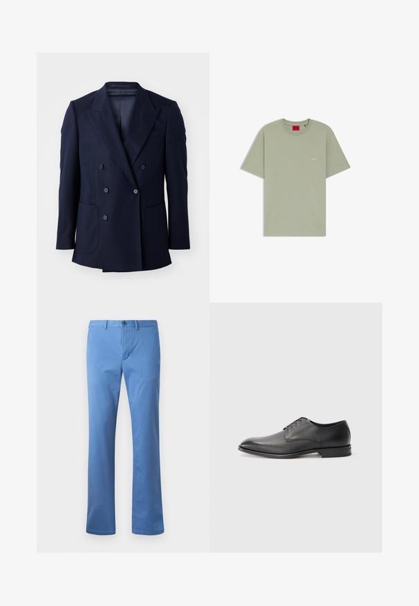 Marineblaues Doppelreiher-Blazer aus strukturiertem Stoff, mit angeschnittenen Revers, zwei großen Fronttaschen und sechs schwarzen Knöpfen.; Hellgrünes T-Shirt mit kurzen Ärmeln und Rundhalsausschnitt, mit kleinem weißem "HUGO"-Logo auf der Brust und rotem Innenetikett am Kragen.; Helle blaue Baumwollhose mit geradem Bein, ausgestattet mit einem vorderen Knopfverschluss und einer glatten Textur. Keine sichtbaren Muster oder Akzente.; Schwarzer Leder-Herrenschuh mit Schnürsenkeln, flachem Absatz und glatter, leicht strukturierter Oberfläche auf weißem Hintergrund.