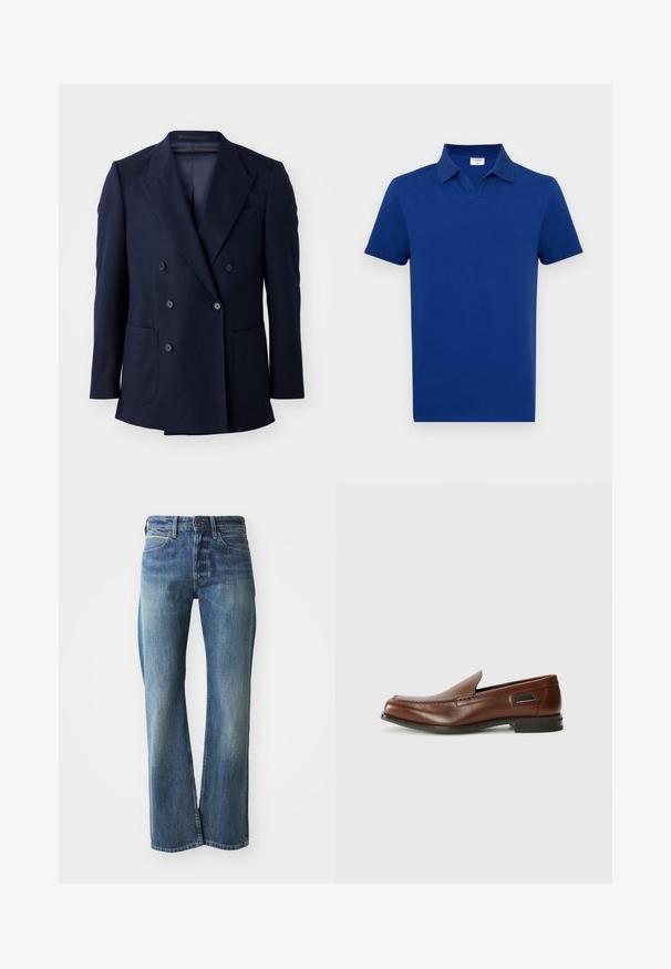 Marineblaues Doppelreiher-Blazer aus strukturiertem Stoff, mit angeschnittenen Revers, zwei großen Fronttaschen und sechs schwarzen Knöpfen.; Marineblaues Poloshirt aus weicher Baumwolle, mit klassischem Kragen im V-Ausschnitt und kurzen Ärmeln.; Jeans aus Denim in einem hellen bis mittleren Blauton, mit geradem Schnitt, klassischem Fünf-Taschen-Design und subtiler Ausbleichung auf der Vorderseite.; Stuart Weitzman BURT - Slipper - auburn