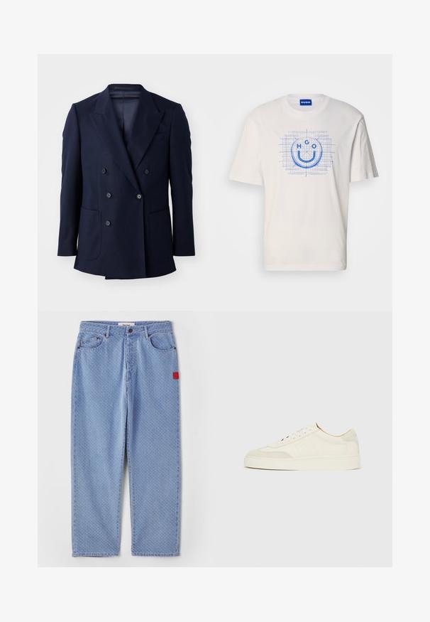 Marineblaues Doppelreiher-Blazer aus strukturiertem Stoff, mit angeschnittenen Revers, zwei großen Fronttaschen und sechs schwarzen Knöpfen.; Weißes Baumwoll-T-Shirt mit blauem Grafikdesign eines Smiley-Gesichts und dem Schriftzug "HGO", umrissen auf einem Rastermuster. Kurze Ärmel, Rundhalsausschnitt.; Helle blaue Jeans aus Denim mit einem dezenten Muster, geradem Schnitt, fünf Taschen und einem roten Etikett auf der linken Tasche.; Weiße Wildleder-Sneaker mit glatter Oberfläche, rundem Zehenbereich, flachem Schnürdesign und kontrastierenden, strukturierten Akzenten. Mit einem dezenten Logodetail versehen.