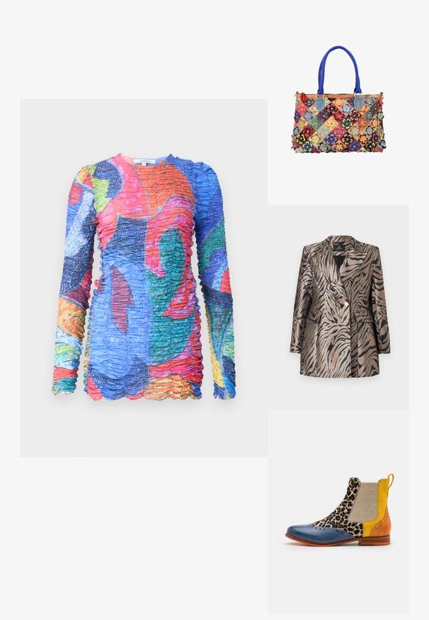 Metallic bronzefarvet blazer med sorte zebra-striber, der har et dobbeltknapdesign, klapkrave og to frontlommer.; Multifarvet langærmet kjole med samlet tekstur. Har livlige mønstre i blå, rød, grøn og gul nuancer. Kant med bølger.; Farverige ankelstøvler i blå læder, leopardprint stof, gule og orange detaljer, tan elastisk panel og en lav brun hæl.; Farverig patchwork-taske med blå håndtag, dekoreret med flerfarvede læderblomsterapplikationer på en hvid baggrund.