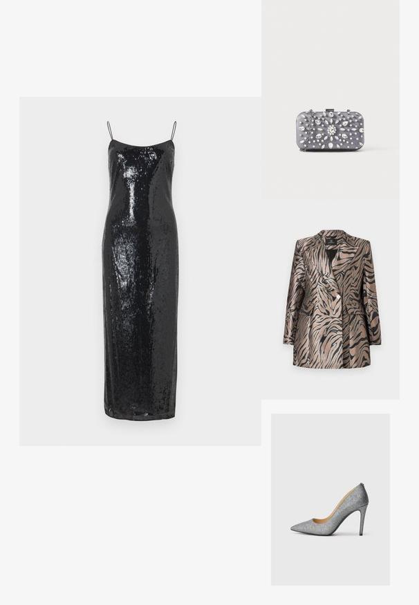 Metallic bronzefarvet blazer med sorte zebra-striber, der har et dobbeltknapdesign, klapkrave og to frontlommer.; Sort palietkjole med tætsiddende silhuet, spaghetti-stropper og længde til midt på læggen. Glat tekstur med glitrende overfladedetaljer.; Sølvglitrende højhælede pumpe med spids tå og en slank silhuet, der har en glat indersåle og en slidstærk sort ydersål.; Lille rektangulær mørkegrå clutch pyntet med klare rhinsten i et strålende mønster og en sølvkæde som strop.
