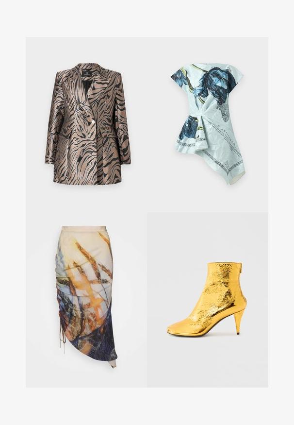 Blazer en bronze métallisé avec des rayures zèbres noires, présentant un design à double boutonnage, un col cranté et deux poches à l'avant.; Robe bleu clair asymétrique avec un grand imprimé floral bleu foncé et un texte noir, présentant une taille froncée et un ourlet drapé.; Materiel DIAGONAL GATHERED SKIRT - Jupe crayon - golden hour; Bottine dorée avec une texture brillante froissée, un bout pointu et un talon fin. Conception hauteur cheville avec fermeture éclair à l'arrière.
