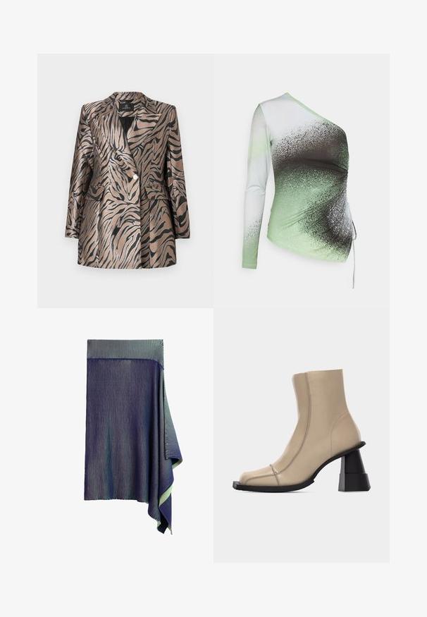 Blazer en bronze métallisé avec des rayures zèbres noires, présentant un design à double boutonnage, un col cranté et deux poches à l'avant.; Elleme ONE SHOULDER - T-shirt à manches longues - light green/white; Jupe tricotée bleu foncé avec de très fines rayures blanches verticales et un ourlet drapé asymétrique sur un côté.; Bottine beige en cuir avec bout carré, couture visible, et talon bloc noir sculpté et épais sur fond blanc.