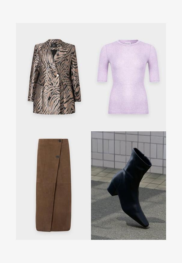 Metallic bronzefarvet blazer med sorte zebra-striber, der har et dobbeltknapdesign, klapkrave og to frontlommer.; Lilla kortærmet tætsiddende T-shirt med rund hals og sømfri kanter, designet til kvinders afslappede påklædning.; Brun ruskind omslag nederdel med to sorte knapper foran, der har en glat tekstur og et lige, gulvlængde design.; Sort læderankelstøvle med blokhæle, stående på en tekstureret asfaltflade nær en fliser væg.