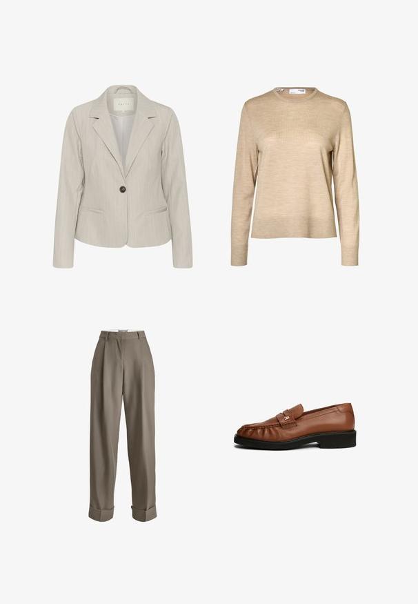 Blazer gris claro con rayas verticales, cierre de un solo botón, solapas con muesca y bolsillos laterales. Fabricado en una tela suave con un corte entallado.; Jersey de lana beige de manga larga con cuello redondo y puños y bajo acanalados, mostrado sobre un fondo blanco.; Pantalones de talle alto color topo con trabillas para cinturón, pliegues en la parte delantera y puños anchos en los tobillos.; Mocasines de piel marrón con una textura suave, punta redondeada, detalle de correa en el frontal y tacón bajo de goma negra.
