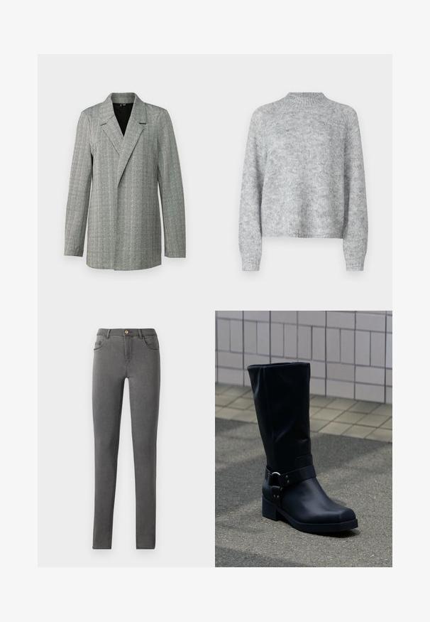 Grau karierter Blazer mit spitzem Revers, Ein-Knopf-Verschluss und langen Ärmeln. Der Blazer zeichnet sich durch einen strukturierten Stoff mit leichtem Glanz aus.; Hellgrauer Pullover mit hohem Kragen, langen Ärmeln und lockerer Passform. Aus strukturiertem Strickstoff mit subtilen Farbschattierungen gefertigt.; Graue Jeans im Skinny-Fit, mit passgenauer Silhouette, Fünf-Taschen-Style und einem einzigen Metallknopfverschluss am Bund.; Schwarzer Lederstiefel bis zur Mitte der Wade mit niedrigem Blockabsatz und dekorativem Riemen mit Metallschnalle um den Knöchel, auf einem gefliesten Gehweg.