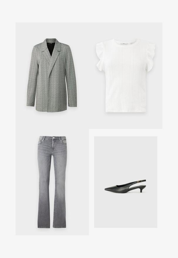 Sivý houndstooth blazer s špicatým klopom, jednostranným zapínaním a dlhými rukávmi. Obsahuje textúrovanú tkaninu s jemným leskom.; Biely krátky rukáv top s volánovými ramenami, obsahujúci textúrovaný vzor malých diamantov a okrúhly výstrih. Mäkkučká látka.; Šedé rozšírené džínsy z denimu s mäkkou textúrou, so strihom na päť vreciek a kovovou prackou na páse.; Čierne body topánky s otvorenou pätou vyrobené z hladkej kože. Zobrazuje tenké opätky a ozdobný detail s prackou na nastaviteľnom popruhu.