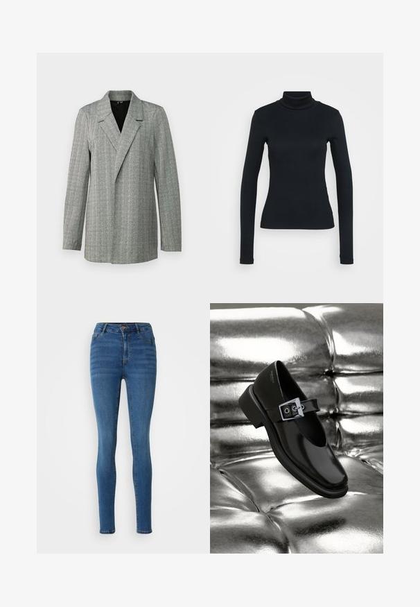 Blazer en pied-de-poule gris avec un col à revers, fermeture à un bouton et manches longues. Présente un tissu texturé avec un léger éclat.; Pull à col roulé noir à manches longues à côtes, avec une silhouette ajustée sur un fond clair.; Jean skinny en denim bleu moyen, avec une taille haute, des poches avant et un léger effet délavé. Coutures dans une teinte dorée contrastante.; Chaussure Mary Jane en cuir noir avec un bout carré, un accent de boucle en argent et un talon bas épais, sur un fond argenté brillant.