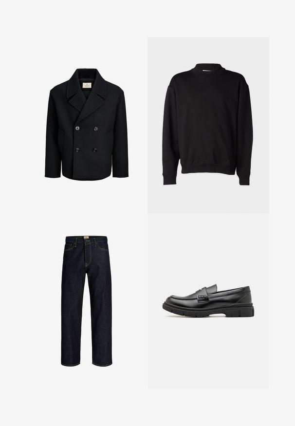 Manteau noir croisé en laine avec une texture lisse, dotée de grands boutons noirs, d'un col cranté et de poches latérales.; Sweatshirt noir avec un col montant côtelé, des manches longues et une coupe décontractée. Texture douce avec des poignets et un ourlet côtelés.; Jean droit bleu foncé avec coutures jaunes, fermeture à boutons et zip à l'avant, et design à cinq poches.; Mocassin en cuir noir avec une large sangle sur le devant, semelle en caoutchouc à épaisse rainure, et texture lisse. Design classique et élégant.
