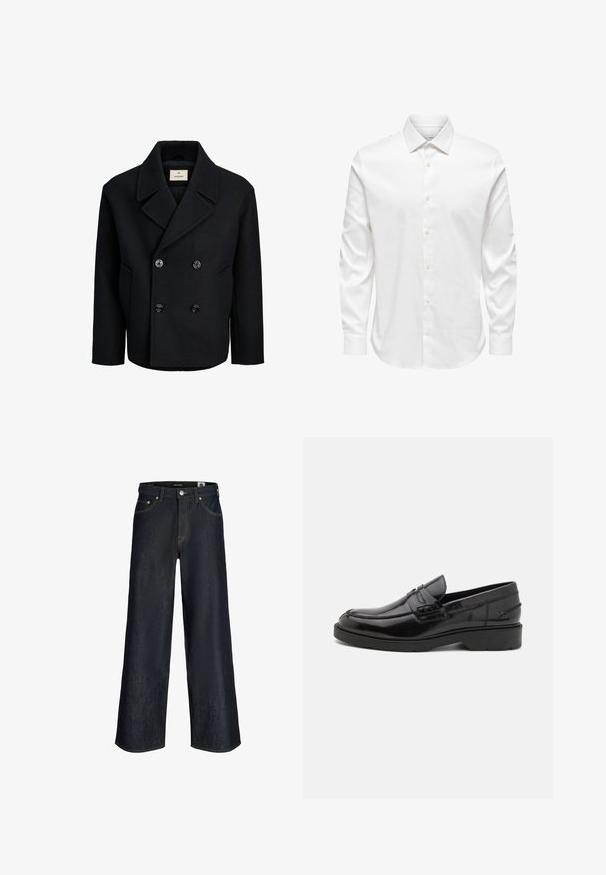 Manteau noir croisé en laine avec une texture lisse, dotée de grands boutons noirs, d'un col cranté et de poches latérales.; Chemise blanche pour homme à manches longues avec col pointu et rangée avant de boutons blancs sur fond uni.; Jean en denim bleu foncé à jambes larges avec bouton à l'avant, poches et coutures orange visibles sur fond blanc.; Mocassins en cuir noir avec une finition lisse, un bout rond, un petit talon et descoutures décoratives à l'avant. Semelle en caoutchouc pour l'adhérence.