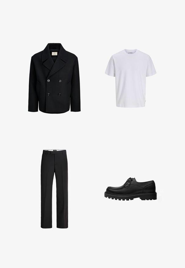 Manteau noir croisé en laine avec une texture lisse, dotée de grands boutons noirs, d'un col cranté et de poches latérales.; T-shirt blanc uni à manches courtes et col rond, ourlet droit, présenté sur un fond blanc.; Pantalon noir avec une coupe ajustée ; présente un devant lisse, deux poches latérales et une texture douce ; fabriqué à partir d'un matériau léger et respirant.; Chaussure noire en cuir à lacets avec une semelle épaisse et robuste et des coutures détaillées sur la tige, conçue pour un usage formel ou décontracté.