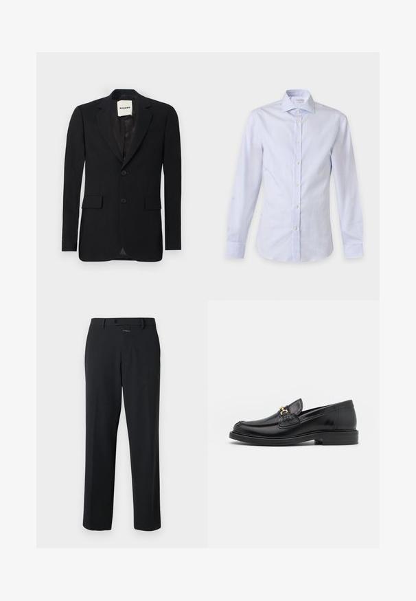 Blazer noir en tissu lisse, avec des revers crantés, deux poches avant et deux boutons. Dispose d'une doublure en satin et d'une étiquette de marque à l'intérieur.; Chemise à manches longues rayée verticalement bleu clair et blanc avec col pointu et boutons blancs sur le devant.; Pantalon noir à coupe droite, en tissu lisse. Il présente une fermeture à bouton à l'avant et des détails de couture subtils. Conception simple sans motifs.; Mocassins en cuir noir avec un embout rond, présentant des accents en métal doré et des détails de couture, montés sur une semelle en caoutchouc texturé et basse.