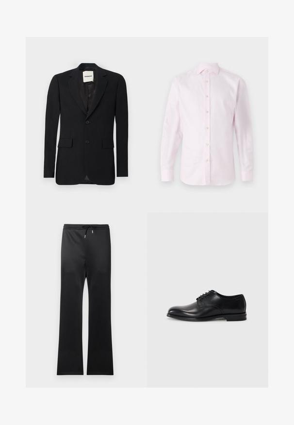 Blazer noir en tissu lisse, avec des revers crantés, deux poches avant et deux boutons. Dispose d'une doublure en satin et d'une étiquette de marque à l'intérieur.; Chemise rose à manches longues en tissu lisse ; présente un devant avec boutonnières et des boutons blancs ainsi qu'un col classique.; Pantalons de sport noirs avec une taille élastique à cordon, fabriqués en tissu lisse. Design à jambe évasée et apparence minimaliste sans motifs.; Chaussure habillée en cuir noir avec un bout arrondi, un lacet, une texture lisse et une semelle en caoutchouc basse. Détails de couture minimaux.