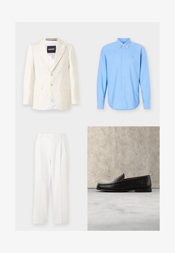 Blazer ajusté couleur crème avec revers crantés, deux poches à rabat à l'avant, deux boutons et un petit détail floral sur le revers gauche.; Chemise boutonnée à manches longues bleu clair avec col boutonné et petit logo brodé sur le côté gauche de la poitrine.; Pantalon blanc sur mesure avec une coupe droite, présentant des plis, un devant plat et une texture de tissu lisse. Aucune poche ni accent visible.; Mocassin penny en cuir noir avec talon bas, bout arrondi et détails cousus à l'avant et sur les côtés, présenté sur un fond neutre.
