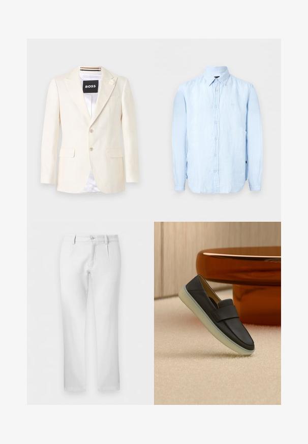 Blazer ajusté couleur crème avec revers crantés, deux poches à rabat à l'avant, deux boutons et un petit détail floral sur le revers gauche.; Chemise bleu clair à manches longues avec boutons et col pointu, fabriquée dans un tissu légèrement texturé.; Pantalon blanc droit avec passants pour ceinture, fermeture par bouton et plis avant sur fond uni.; Mocassin en cuir noir avec une semelle blanche épaisse, présenté sur un tapis beige à côté d'une table ronde de couleur ambre.
