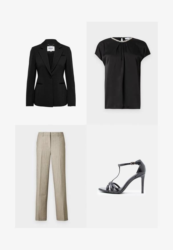 ONLY ONLPEACH - Blazer - black; Blouse en satin noir à manches courtes, col avant froncé et détail de col orné. Fermeture à l'arrière avec une fente en forme de goutte.; Pantalon beige à fines rayures avec une coupe droite, doté d'une ceinture structurée et d'une texture subtile sur l'ensemble du tissu.; Sandale à talons hauts en cuir verni noir avec des fines lanières, design en T, fermeture à boucle et silhouette élégante et courbée.