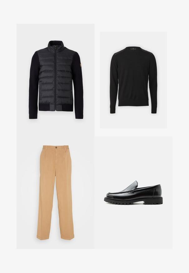 Zwarte zip-up jack met gewatteerd voorschut en gebreide mouwen, voorzien van zijzakken en een klein logopatch op de linkermouw.; Belstaff KERRIGAN CREW NECK JUMPER - Trui - black; Beige wijde broek van zacht materiaal, voorzien van twee voorzakken, een knoopsluiting en plooidetails langs de benen.; Zwarte leren loafer met dikke rubberen zool, gestikte bovenkant en gegraveerde merknaam op de hiel, zijaanzicht op witte achtergrond.