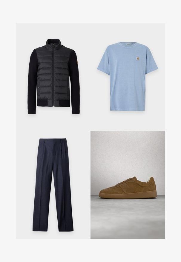 Sort lynlåsjakke med quiltet frontpanel og strikkede ærmer, udstyret med sidelommer og et lille logo-patch på venstre arm.; Lyseblå bomulds t-shirt med korte ærmer, rund hals og et lille firkantet logomærke med et stiliseret bogstav "C" på brystet.; Marineblå uldbukser med en skræddersyet pasform, der har plisseret foran og brede ben. Glat tekstur og rene linjer, velegnet til formelle anledninger.; Brun ruskindsneaker med tanfarvede snørebånd og gummisål. Har en rundet snude og synlige stikninger på overdelen. Letvægtsdesign.