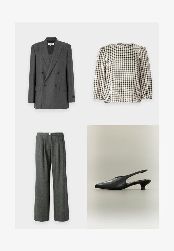 Blazer gris de doble botonadura en una tela texturizada. Presenta solapas de muesca, dos bolsillos delanteros y detalles en botones negros. Interior forrado.; Blusa a cuadros en negro y beige con escote redondo, mangas largas abullonadas y detalle de dobladillo fruncido. Confeccionada en una tela ligera.; Pantalones de pierna ancha grises con un patrón de espiga texturado, con pliegues en la parte delantera y un cierre de botón en la cintura.; Zapato slingback de cuero negro con punta afilada y tacón bajo tipo kitten sobre fondo neutro.