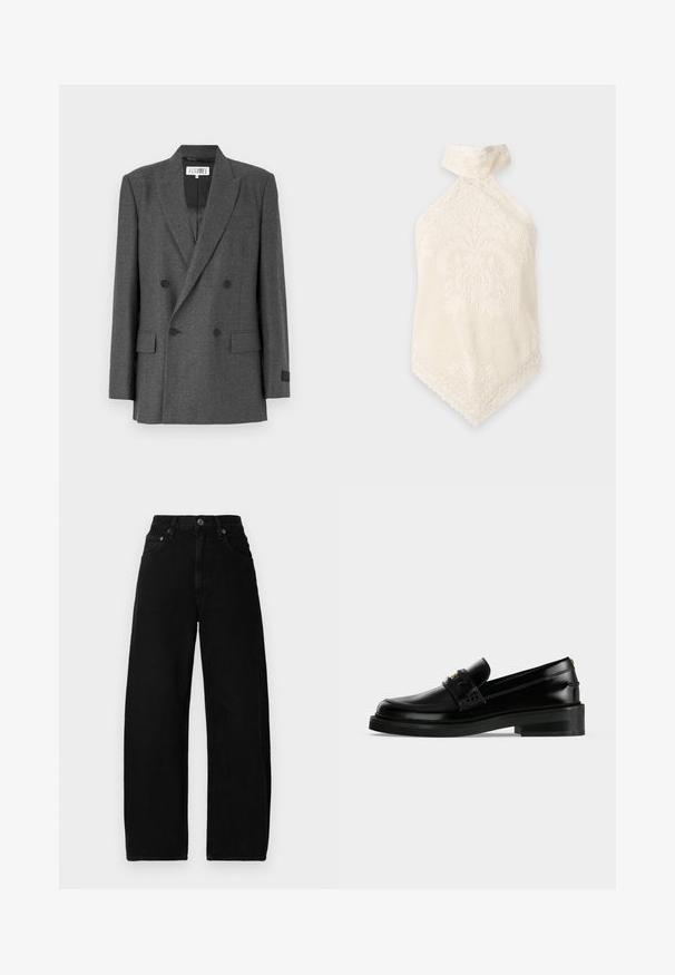 Grauer, doppelt geknöpfter Blazer aus strukturiertem Stoff. Mit Reverskragen, zwei Fronttaschen und schwarzen Knopfakzenten. Gefüttertes Innenfutter.; Cremefarbenes Spitzen-Haltertop mit Blumenmustern und spitz zulaufendem Saum, hängend vor einem schlichten hellen Hintergrund.; Schwarze Denim-Hosen mit weitem Bein und hoher Taille, mit einem Frontknopfverschluss, Taschen und einer glatten, matten Textur.; Schwarzer, polierter Lederloafer mit niedrigem Blockabsatz, Mokassinnaht und dekorativem Riemen über dem Spann.