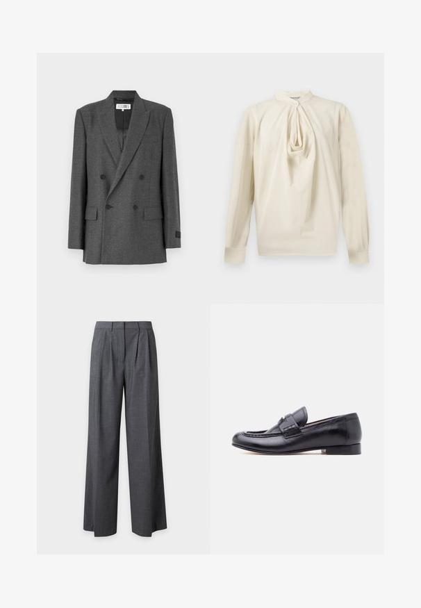 Grauer, doppelt geknöpfter Blazer aus strukturiertem Stoff. Mit Reverskragen, zwei Fronttaschen und schwarzen Knopfakzenten. Gefüttertes Innenfutter.; Langärmlige cremefarbene Bluse mit gerafftem Schlüsselloch-Detail vorne und hohem Kragen, Knopfverschluss am Hals und geknöpften Ärmeln.; Dunkelgraue weit geschnittene Hose mit vorderen Falten, Gürtelschlaufen und verdecktem Frontverschluss, vor einem schlichten hellen Hintergrund präsentiert.; Schwarzer Herrenslipper aus Leder mit niedrigem Absatz und dekorativem Riemen über dem Spann, seitlich auf einem schlichten Hintergrund dargestellt.