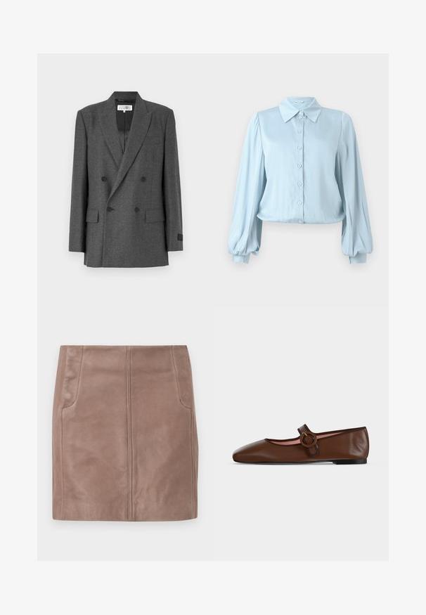 Blazer gris de doble botonadura en una tela texturizada. Presenta solapas de muesca, dos bolsillos delanteros y detalles en botones negros. Interior forrado.; Hofmann Copenhagen FLORA - Blusa - lavender blue; Minifalda corta de cuero marrón con detalles de costura frontal y bolsillos laterales, colocada plana sobre un fondo blanco.; Zapato plano tipo Mary Jane de cuero marrón con correa de hebilla redonda y suela negra sobre un fondo gris claro.