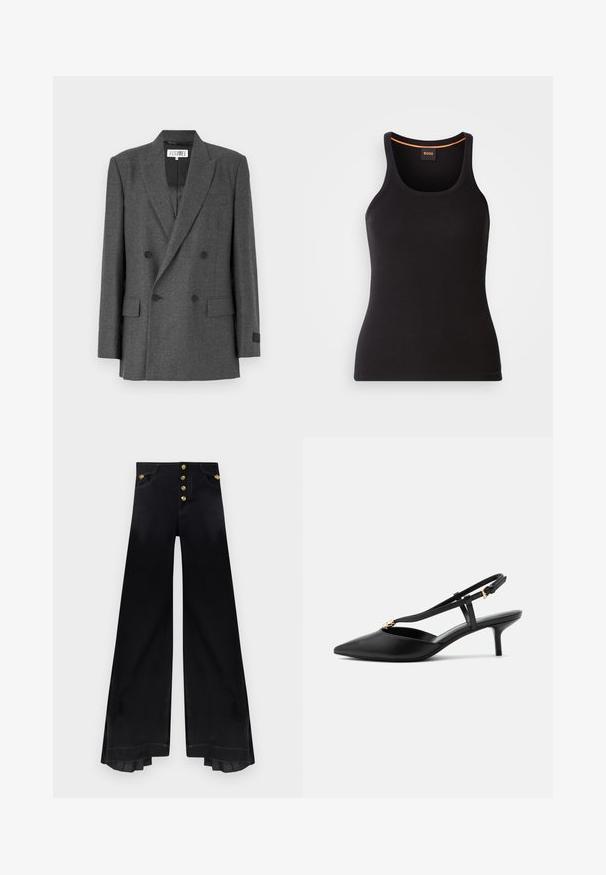 Grå dobbeltradet blazer i et tekstureret stof. Har krave med klipper, to frontlommer og sorte knapdetaljer. Foret inderside.; Sort ribbet tanktop med rund halsudskæring. Har en tætsiddende pasform og orange detaljer ved halsen. Brandlogo subtilt broderet på fronten.; Højtaljede sorte bukser med vide ben, fem guldknapper og plisserede detaljer inde i kanten.; Sort læder slingback kitten heel med spids tå, slank T-rem, justerbar spænde og lille guldfinish på remmen.