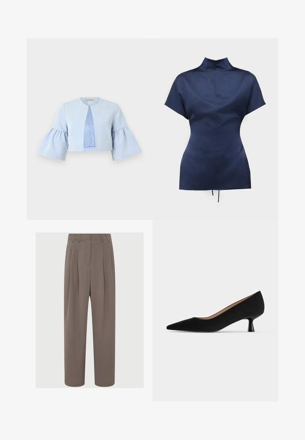 Veste courte bleu clair avec manches trois-quarts évasées, col rond et fermeture unique par un bouton-pression à l'avant.; Blouse bleu marine à manches courtes, col montant et taille cintrée, présentée sur fond blanc.; Pantalons plissés marron à taille haute, en tissu élégant, à jambe large et avec poches latérales, présentant une texture lisse et légère.; Escarpin noir pour femme à talon bas, bout pointu, talon kitten fin et évasé avec finition mate lisse, vu de profil.