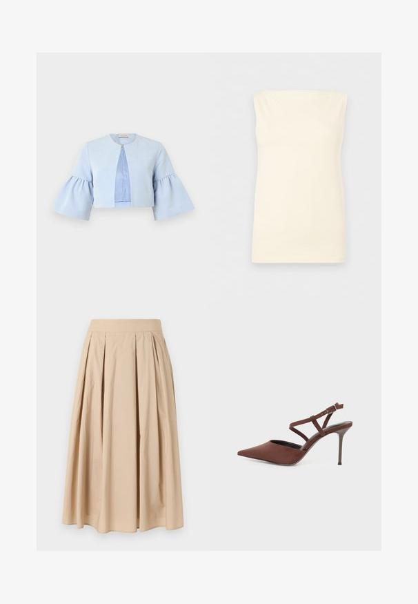 Veste courte bleu clair avec manches trois-quarts évasées, col rond et fermeture unique par un bouton-pression à l'avant.; Haut sans manches, crème, ajusté, avec un décolleté droit et une texture lisse sur un fond neutre.; Jupe plissée beige, longueur au genou, avec une large ceinture, réalisée en tissu léger, présentée sur un fond blanc uni.; Chaussure à talon haut marron à bout pointu avec des lanières fines à la cheville et une petite boucle sur un fond clair.