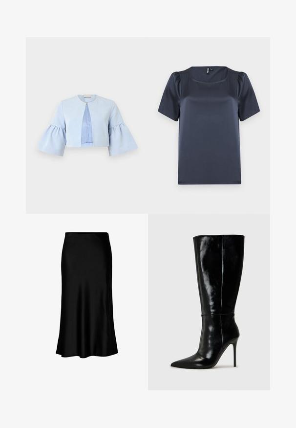 Veste courte bleu clair avec manches trois-quarts évasées, col rond et fermeture unique par un bouton-pression à l'avant.; Haut à manches courtes bleu marine en tissu satin lisse. Doté d'un décolleté carré et de manches bouffantes, avec une coupe droite et sans motifs apparents.; Jupe midi en satin noir au toucher lisse, avec un ourlet évasé et une taille ajustée, arborant un design simple et classique.; Bottes noires en cuir, hautes jusqu'au genou, avec un bout pointu et un talon aiguille haut. Texture lisse et design épuré, avec un minimum de détails.