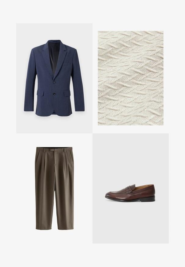 Marineblå blazer lavet af tekstureret stof med en enkeltknap-design, notch-lapel, to forlommer og to knapper.; Tekstureret stof i cremefarve med et zigzag-mønster og hævede tråde for ekstra dybde og dimension. Letvægts- og blød tekstur.; Brune skræddersyede bukser med plisser, sidelommer, bæltestropper og en frontlynlås.; JOOP! KLEITOS - Loafers - brown