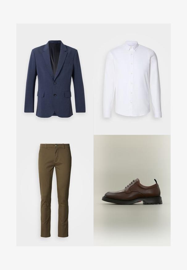 Marineblå blazer lavet af tekstureret stof med en enkeltknap-design, notch-lapel, to forlommer og to knapper.; Hvid langærmet skjorte med knapper lavet af glat stof, har en klassisk krave, otte knapper ned ad fronten og standardmanchetter.; Brune bomuldsbukser med et slankt fit, der har knapgylp, sidelommer og rene linjer. Glat tekstur med minimale syningsdetaljer.; Mørkebrune herresko i læder med snørebånd, sort chunky sål og lille sort hæl-loop, vist i profil mod en ensfarvet baggrund.