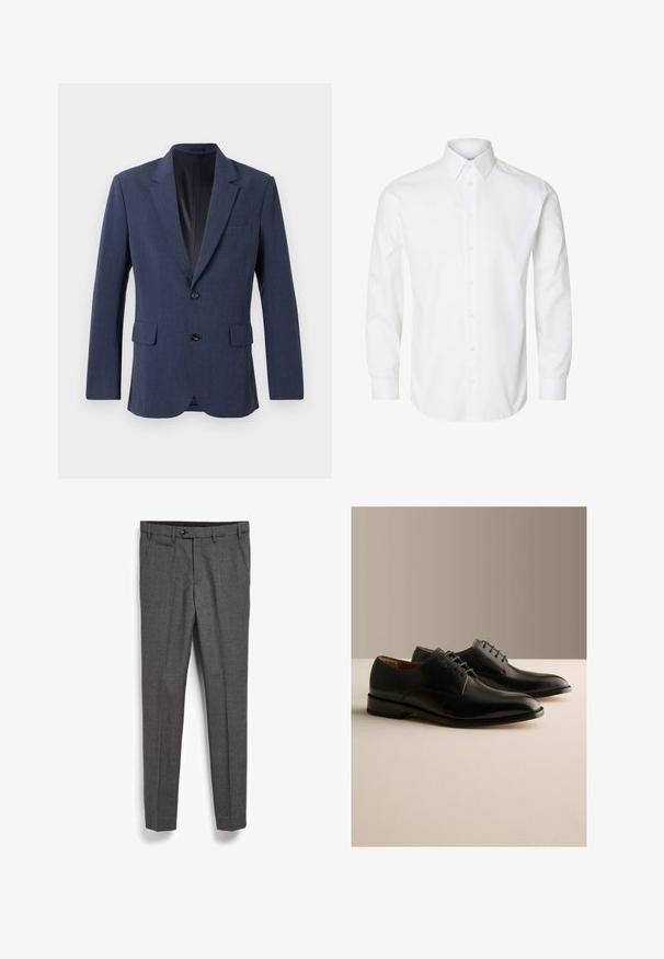 Marineblå blazer lavet af tekstureret stof med en enkeltknap-design, notch-lapel, to forlommer og to knapper.; Hvid skjorte med lange ærmer, knapper foran, spids krave og knappede manchetter.; Grå skræddersyede bukser med et struktureret stof, frontlomme og lige ben design. Har en knaplukning i taljen.; Par sorte læder formelle snøresko udstillet på en lys overflade med en ensfarvet beige baggrund.